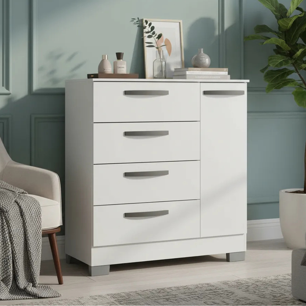 Cômoda Poquema 86833 4 Gavetas 1 Porta Branco