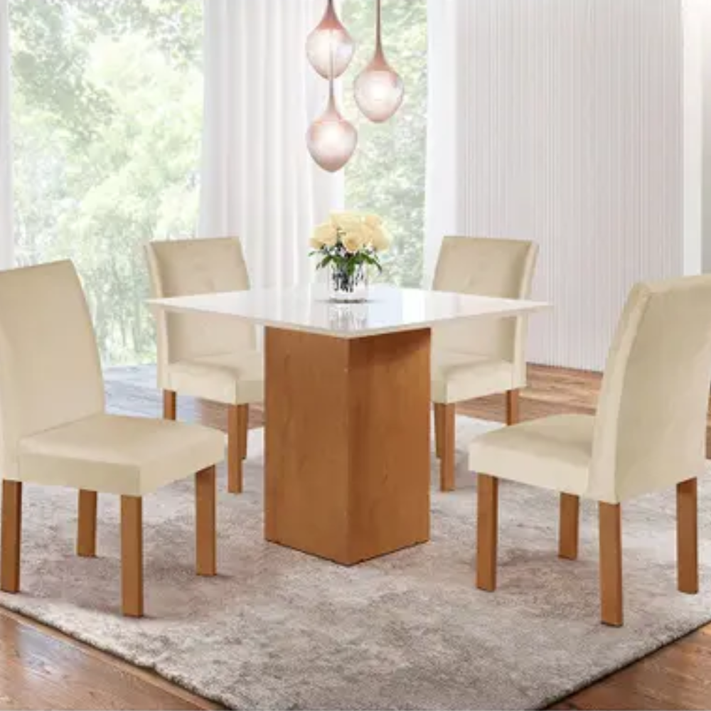 Mesa de Jantar Dakota 90x90cm Tampo de Vidro com 4 Cadeiras/Cinamomo/Off White