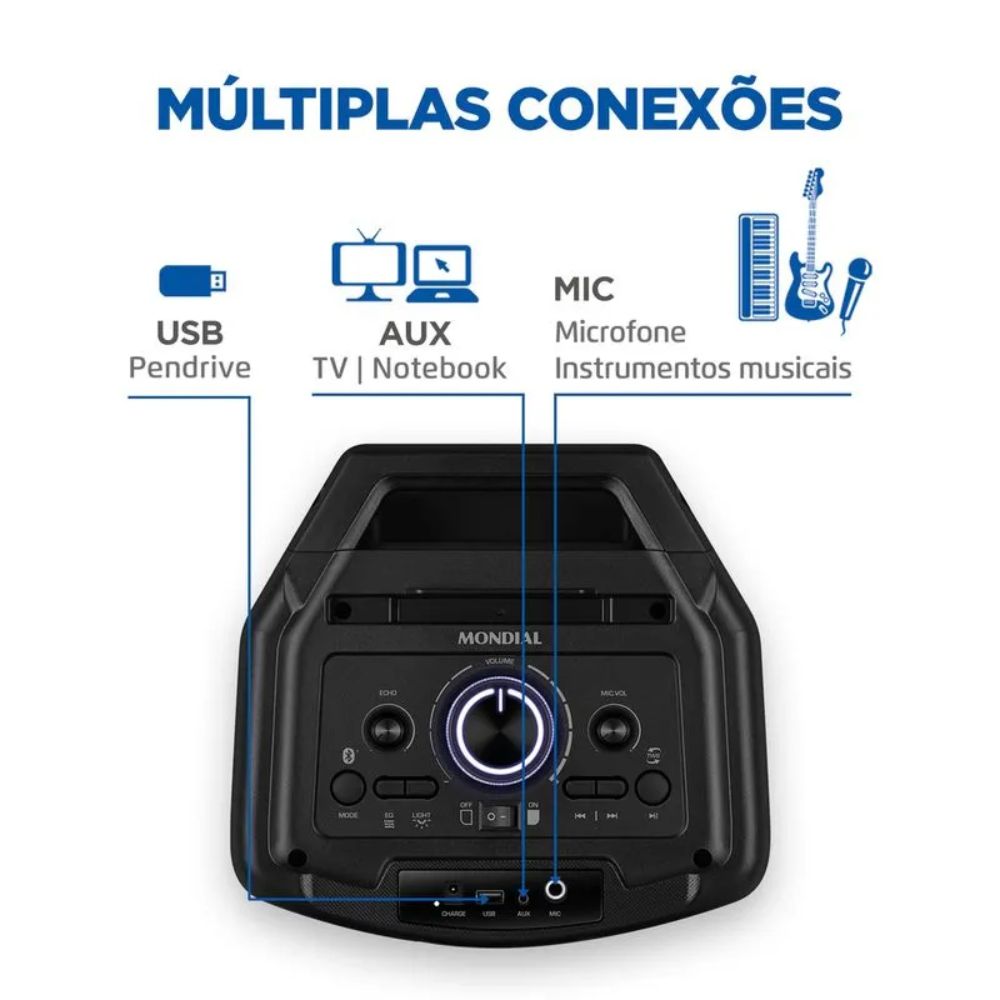 Caixa de Som Party Box PBX-600W RMS Bluetooth LED Mondial - Imagem 4
